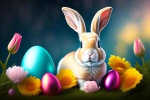 Pasqua coniglietto con fiori e Pasqua uova su di legno sfondo. ai generato foto