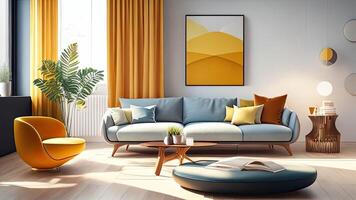 interno di moderno vivente camera con giallo divano, caffè tavolo e poltrona. ai generato foto