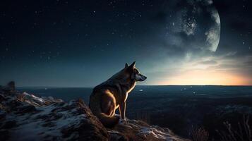 maestoso lupo guardando a il illuminato dalla luna cielo. generativo ai foto