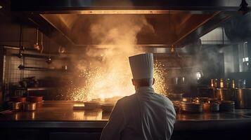 il maestro capocuoco nel azione, la creazione di culinario Magia in mezzo Fumo e fiamme nel il ristorante cucina. generativo ai foto