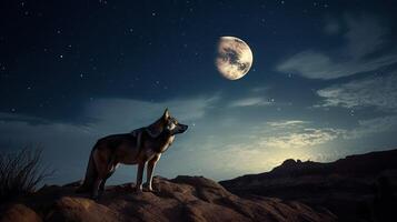 maestoso lupo guardando a il illuminato dalla luna cielo. generativo ai foto