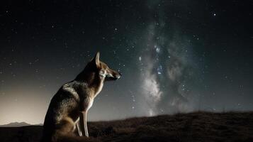 maestoso lupo guardando a il illuminato dalla luna cielo. generativo ai foto