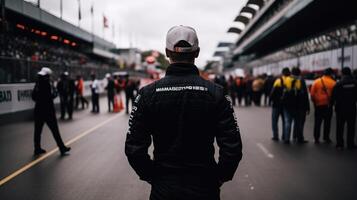 un f1 autista attende il gara. generativo ai foto