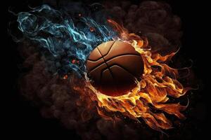 ai generato fiammeggiante pallacanestro nel mezz'aria su buio sfondo. foto