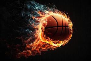 ai generato fiammeggiante pallacanestro nel mezz'aria su buio sfondo. foto