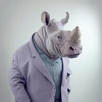 moda rinoceronte nel camicia. leggero blu monocromatico ritratto. generativo ai foto