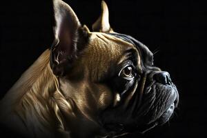 ritratto di cane francese bulldog su nero sfondo. neurale Rete ai generato foto