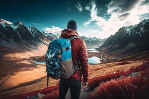 turista con un' zaino nel un' montagna escursione. neurale Rete ai generato foto