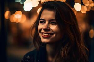 ritratto di un' contento ragazza con un' Sorridi. neurale Rete ai generato foto