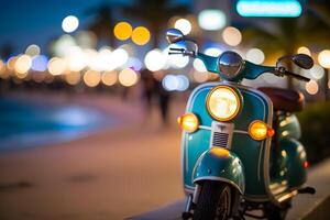 scooter ciclomotore a oceano guidare miami spiaggia a notte con neon luci a partire dal alberghi. neurale Rete ai generato foto