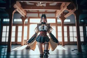 asiatico ragazza nel un' bellissimo costume è danza k-pop. neurale Rete ai generato foto