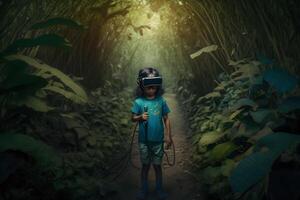 bambino nel virtuale Augmented la realtà casco. futuro tecnologia concetto. neurale Rete ai generato foto