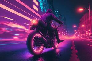 futuristico motociclista su un' retrowave tramonto con un' problema tecnico e alta velocità effetto. neurale Rete ai generato foto