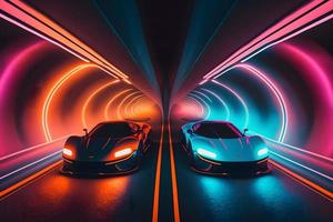 Due alto velocità gli sport macchine nel movimento, da corsa momento nel neon luce. neurale Rete generato arte foto