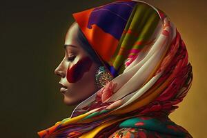 ritratto di un' musulmano donna nel profilo. neurale Rete ai generato foto