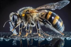 miele ape con acqua gocce avvicinamento. neurale Rete ai generato foto