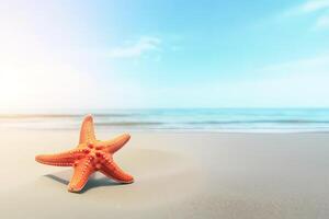 un' stella marina su un' sabbioso spiaggia con il oceano nel il sfondo. ai generato foto