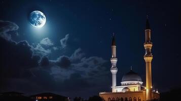 moschea nel davanti di notte nuvoloso e stellato cielo illustrazione ai generativo foto