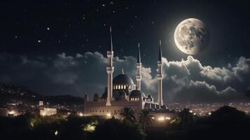 moschea nel davanti di notte nuvoloso e stellato cielo illustrazione ai generativo foto