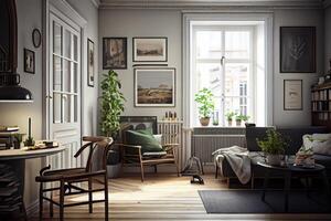 interno di moderno vivente camera con caffè tavolo e vuoto parete . ai generato foto