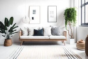 nel un' bianca soffitta appartamento con un' di legno divano, impianti, e un' di legno tavolo su un' tappeto, ai generato foto