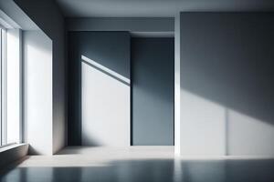 un' moderno minimalista vuoto casa con un' vuoto parete. illustrazione modello nel 3d, ai generato foto