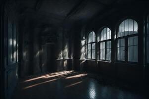 un' frequentato edificio a partire dal il dentro, un' terrificante Visualizza con buio e offuscare luci, ai generato foto
