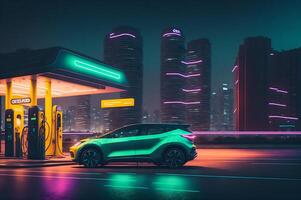 un elettronico auto parcheggiata a un elettrico stazione ricarica, di neon illustrazione, nel un' pulito ambiente in giro edifici e grattacieli, eco concetto, ai generato foto