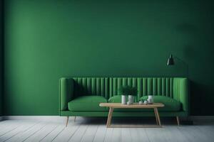 verde divano con tavolo su verde parete e di legno pavimentazione.3d rendering, ai generato foto