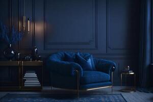 3d interpretazione di un' buio blu vivente camera interno con un' accogliente lusso poltrona, ai generato foto