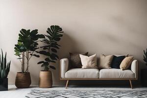 interno design di un' elegante camera con confortevole mobilia e un' pianta vicino un' beige parete, con ai generato. foto