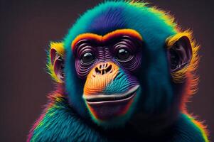 digitale arte ritratto di un' colorato scimmia isolato nel un' buio sfondo, animale illustrazione ai generato foto