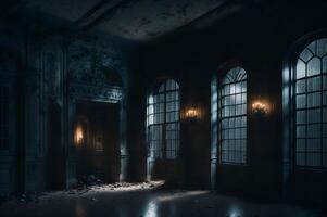 un' frequentato edificio a partire dal il dentro, un' terrificante Visualizza con buio e offuscare luci, ai generato foto