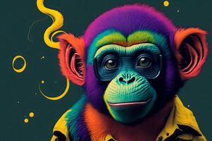 digitale arte ritratto di un' colorato scimmia isolato nel un' buio sfondo, animale illustrazione ai generato foto