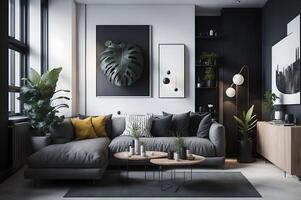 moderno vivente camera interno design con elegante grigio divano, cuscini, pavimento, impianti, di legno tavolo, lampada, e grande design quadro, ai generato foto
