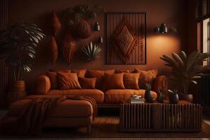 casa interno con etnico boho decorazione, vivente camera nel Marrone caldo colore, 3d rendere, ai generato foto