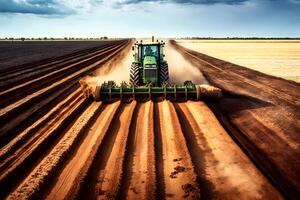 contadino con trattore semina semina colture a agricolo campo. impianti, Grano. neurale Rete ai generato foto