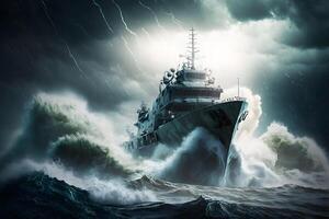 nave da guerra a mare durante un' tempesta. neurale Rete ai generato arte foto