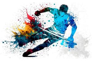 sportivo giocando hockey su acquerello arcobaleno spruzzata. neurale Rete generato arte foto