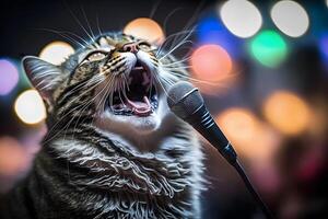 gatto artista canta in un' microfono. neurale Rete ai generato foto