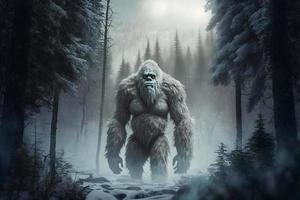 yeti o abominevole pupazzo di neve passeggiate attraverso inverno foresta la zona. neurale Rete generato arte foto