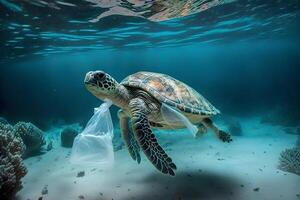 subacqueo concetto di globale problema con plastica sciocchezze galleggiante nel il oceani. hawksbill tartaruga nel didascalia di plastica Borsa. neurale Rete ai generato foto