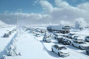 traffico marmellata nel un' neve tempesta. neurale Rete ai generato foto