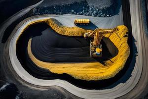 Aperto fossa il mio, estrattivo industria per carbone. grande giallo estrazione camion macchinari per carbone cava. neurale Rete generato arte foto