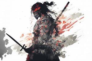 un' riflessivo samurai nel armatura sta nel profilo contro il astratto rosso e bianca sfondo. neurale Rete generato arte foto