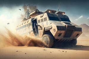 militare blindato auto cavalcate nel il deserto. neurale Rete ai generato foto