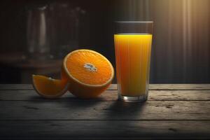 bicchiere di fresco arancia succo con fresco frutta su di legno tavolo. neurale Rete ai generato foto