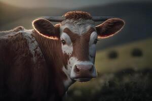 verde prato nel montagne e mucca, estate paesaggio. neurale Rete ai generato foto