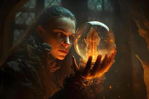 il strega con Magia palla nel sua mani cause un' spiriti nel grotta. neurale Rete ai generato foto