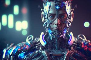 moderno futuristico maschio umanoide robot con metallo vestito. neurale Rete generato arte foto